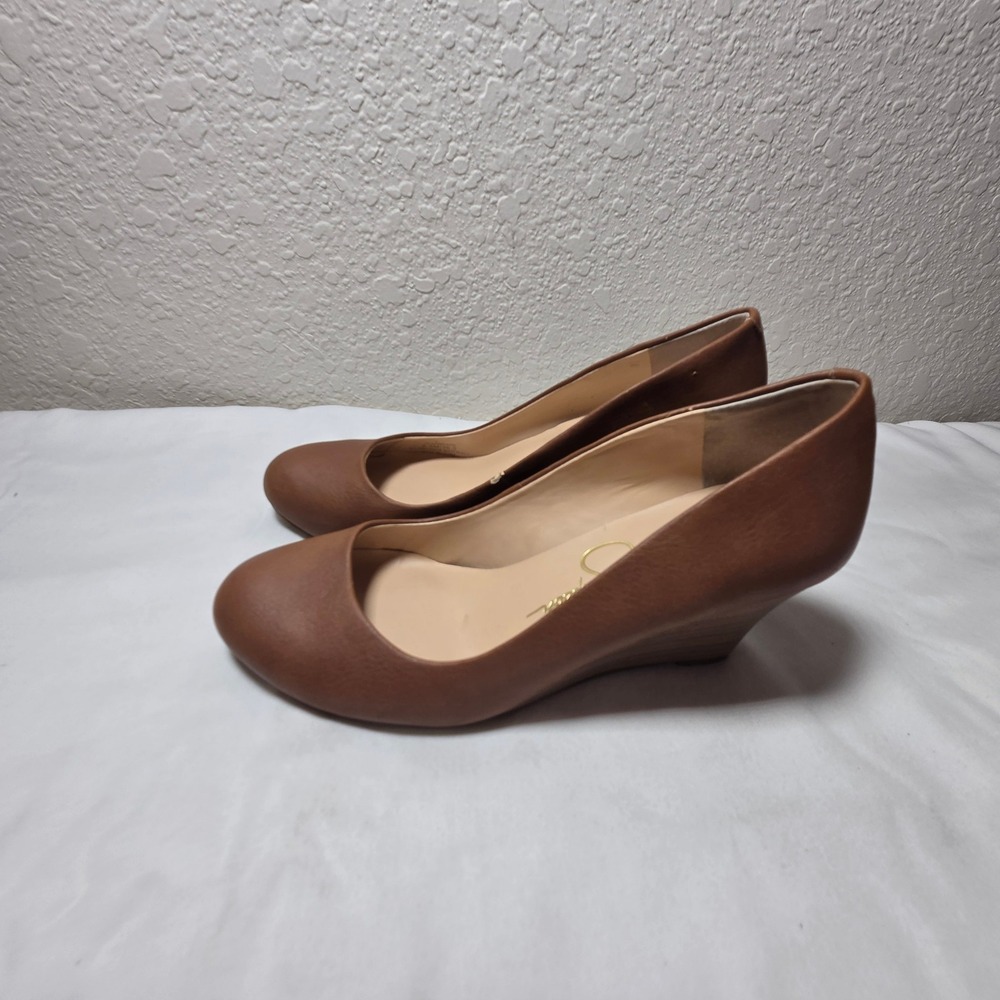 Jessica Simpson Sampson Brown Faux Leather Round Toe Wedge Pumps Heels 6.5M
